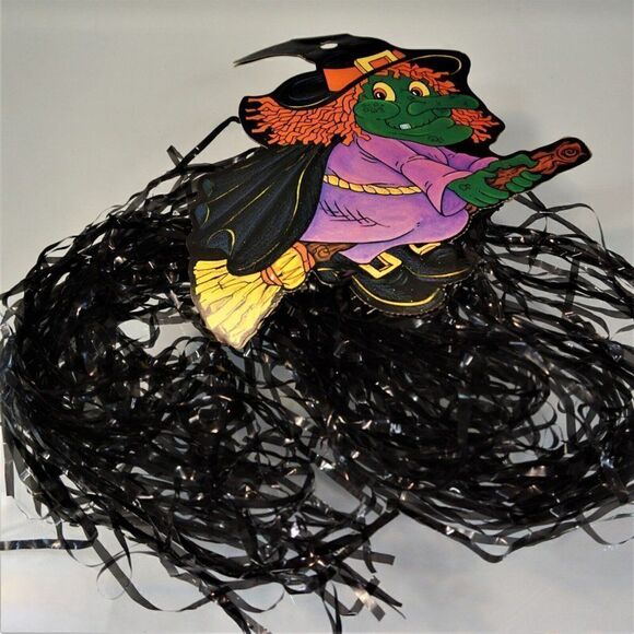 Vintage Flying Witch on Broomstick Black Fringe Halloween Cardboard Die Cut - Picture 6 of 6